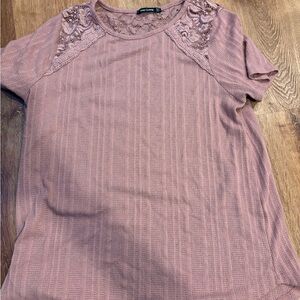 Pink Clover Mauve Lace-Accent Short Sleeve Knit Top
